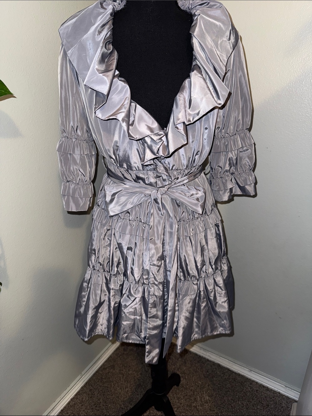 Rye Silver Satin Ruffled Tie-Waist Trench Dress Coat